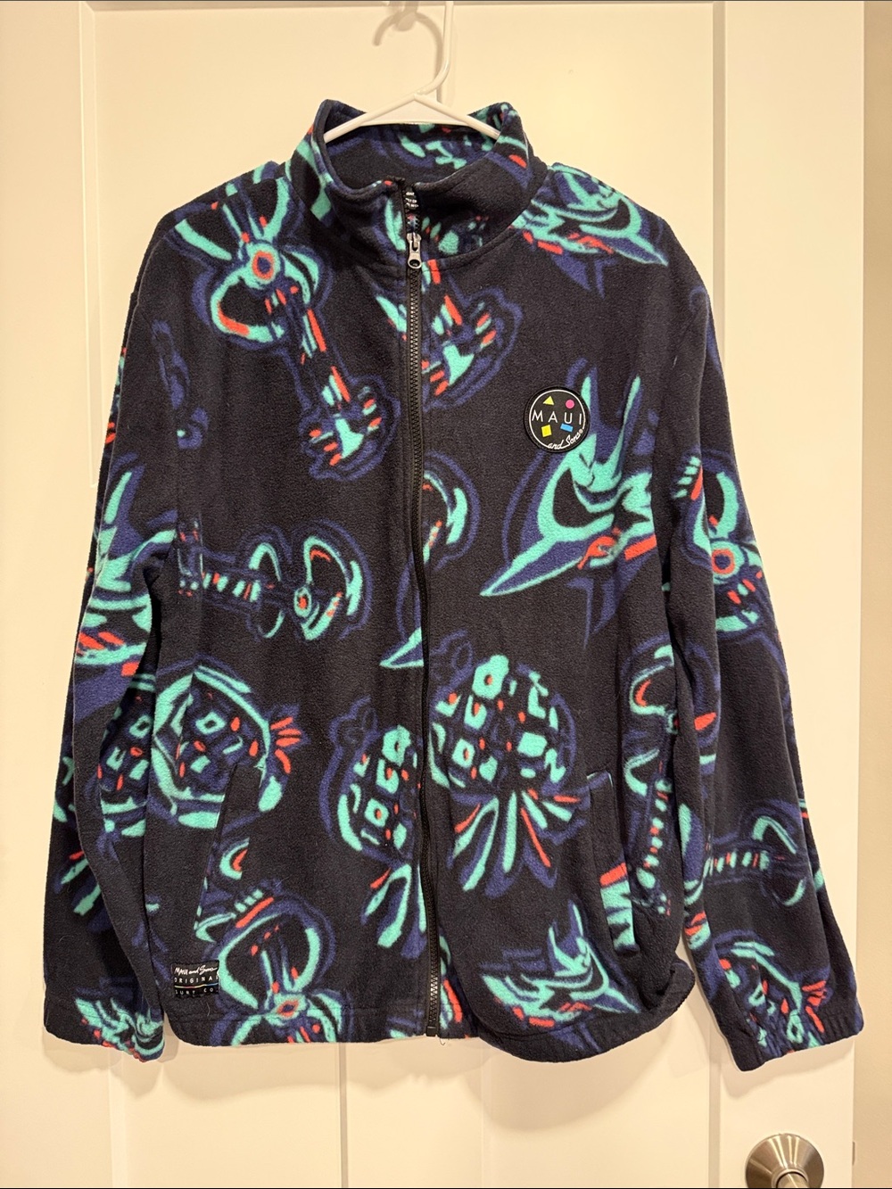 Maui and Sons Navy Crewneck Zip-Up Fleece with Teal & Purple Accents Medium Y2K